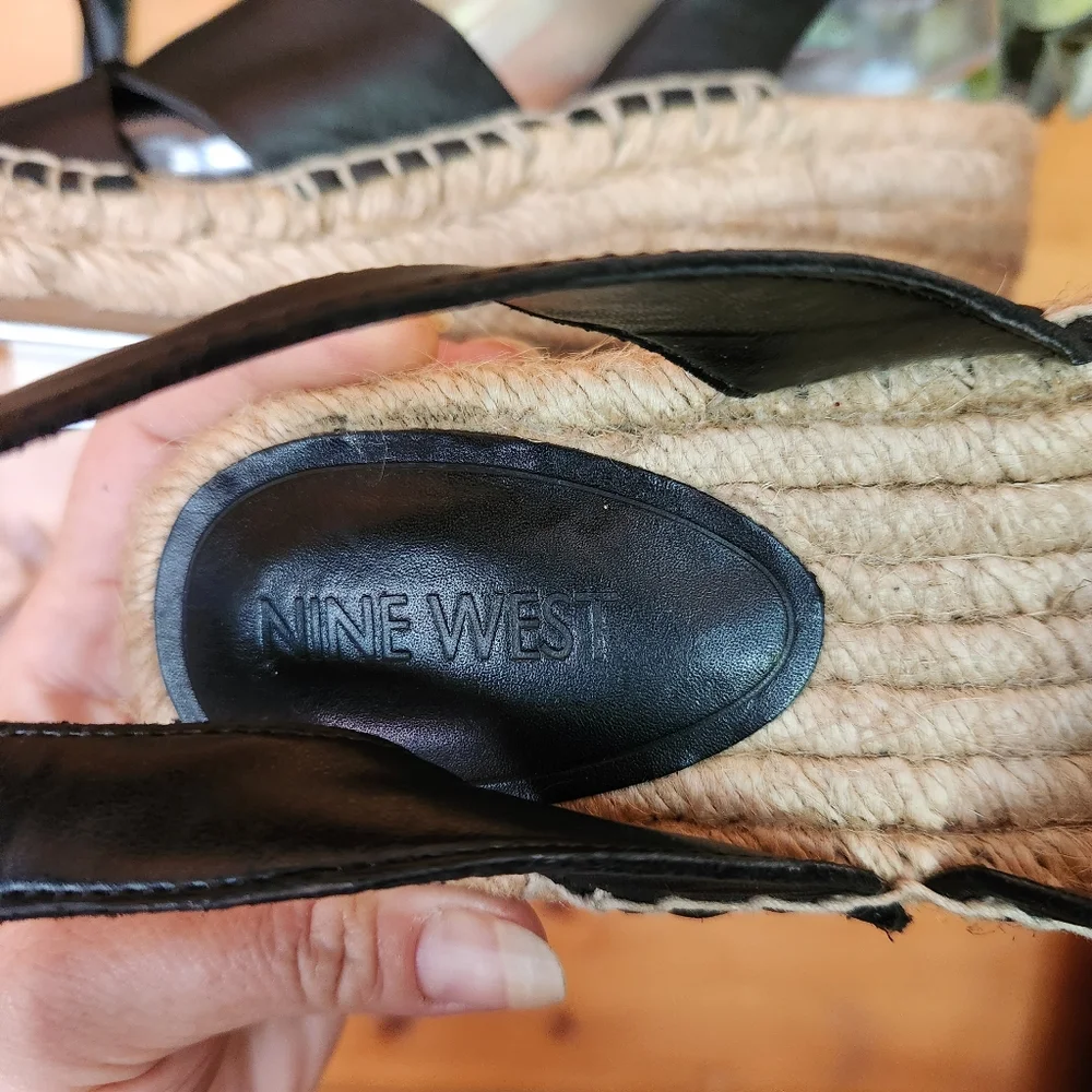 Nine West 💜 Edwisha Espadrilles Wedge Platform Sandals Black Leather Shoe 6.5 M
